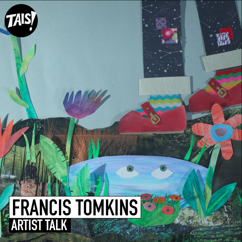 a kid walks in the forest with red shows and patched pants with constellations patterns. The child is walking by a patch of grass with flowers and a rock with eyes.