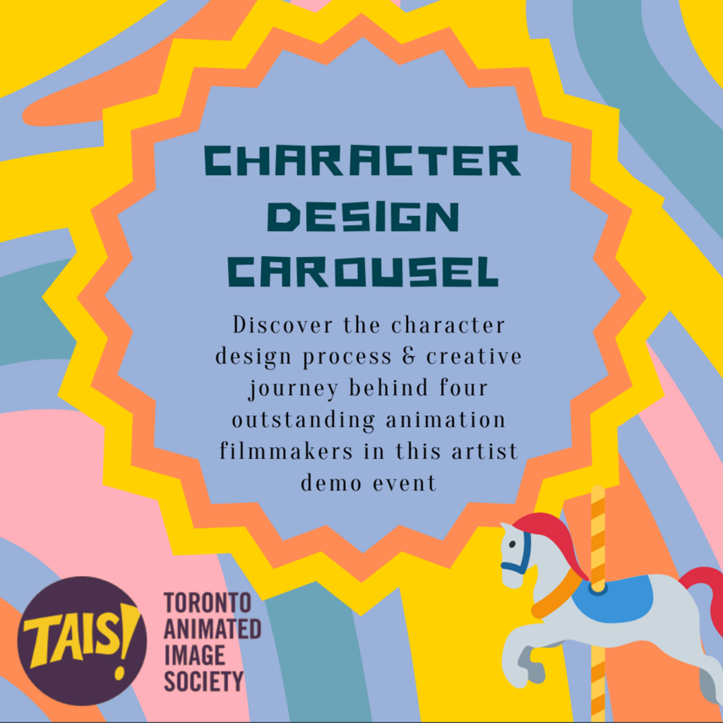 The background is a bright colourful pastel swirl pastel design. The title of the event "Character Design Carousel" and short blurb of the event are there. In the right corner is an illustration of a horse from a carousel