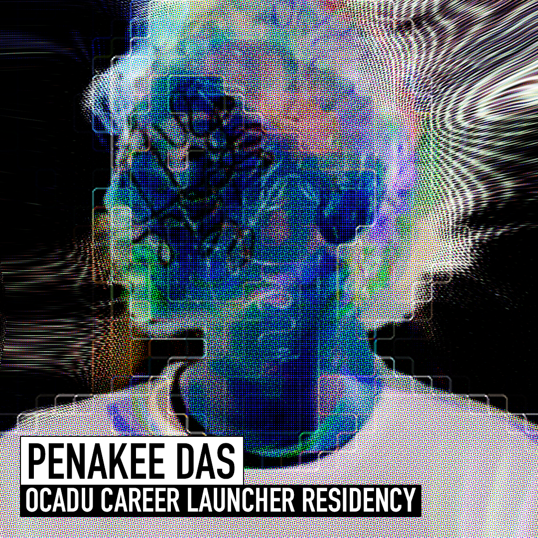 A digitally altered head shot of Penakee. The colours are inverted, the image is distorted through various pixalation and their head is emitting a moire pattern.