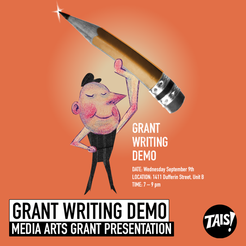 Poster for Grant Writing Demo. An illustration of a little character proudly holds up a sharp pencil.