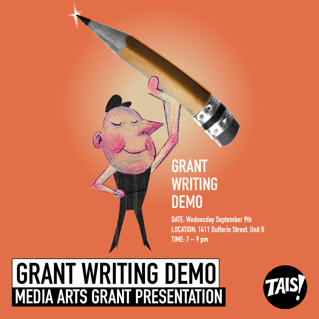 Poster for Grant Writing Demo. An illustration of a little character proudly holds up a sharp pencil.