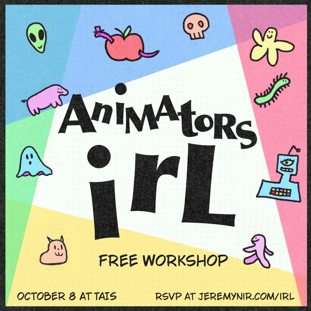Poster for the Animators IRL event. Around the title of the event are floating doodles of an alien, an apple, a ghost, a star, a robot, a cat, a skull and a caterpillar.