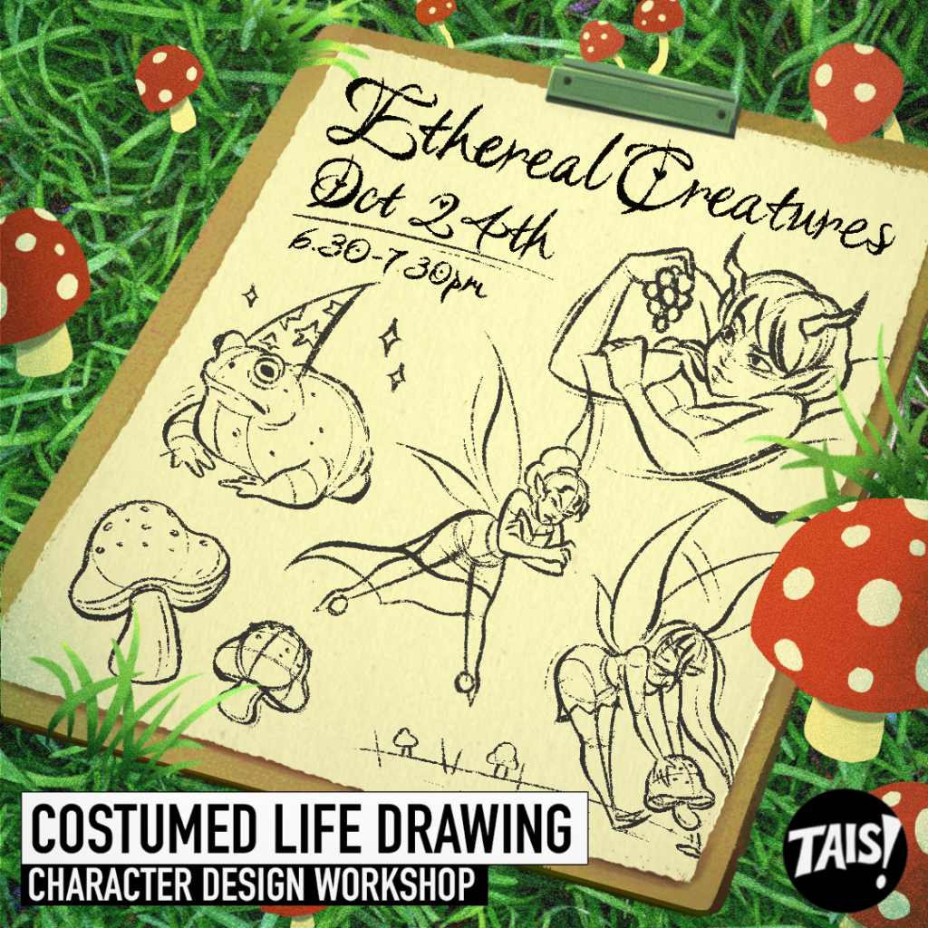 a drawing pad with illustrations of fairies, toads and mushrooms sits lying in a patch of grass and mushrooms.