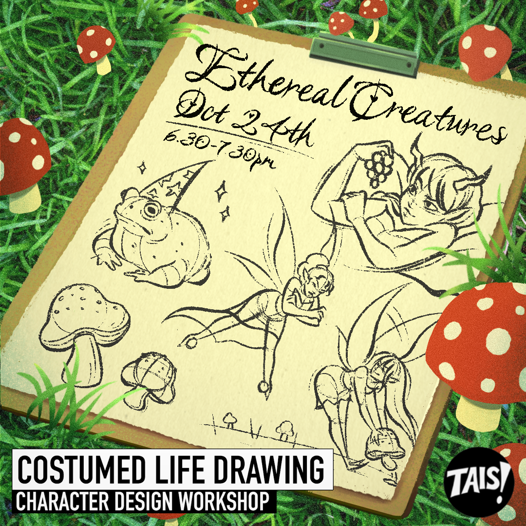 a drawing pad with illustrations of fairies, toads and mushrooms sits lying in a patch of grass and mushrooms.